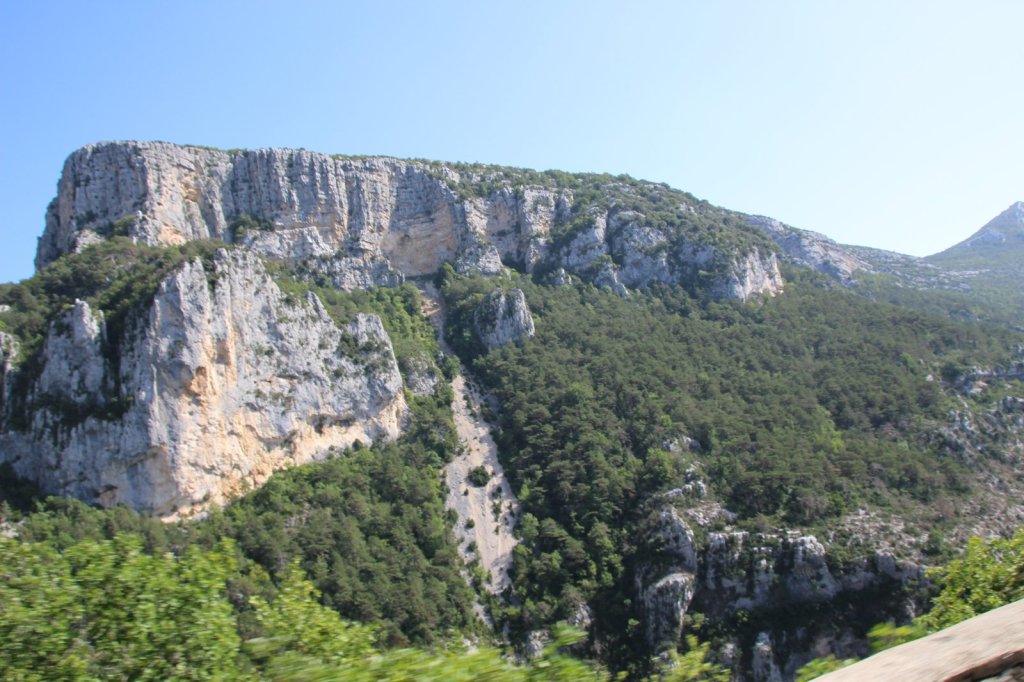 Hohe helle Felswand über der bewaldeten Verdon-Schlucht