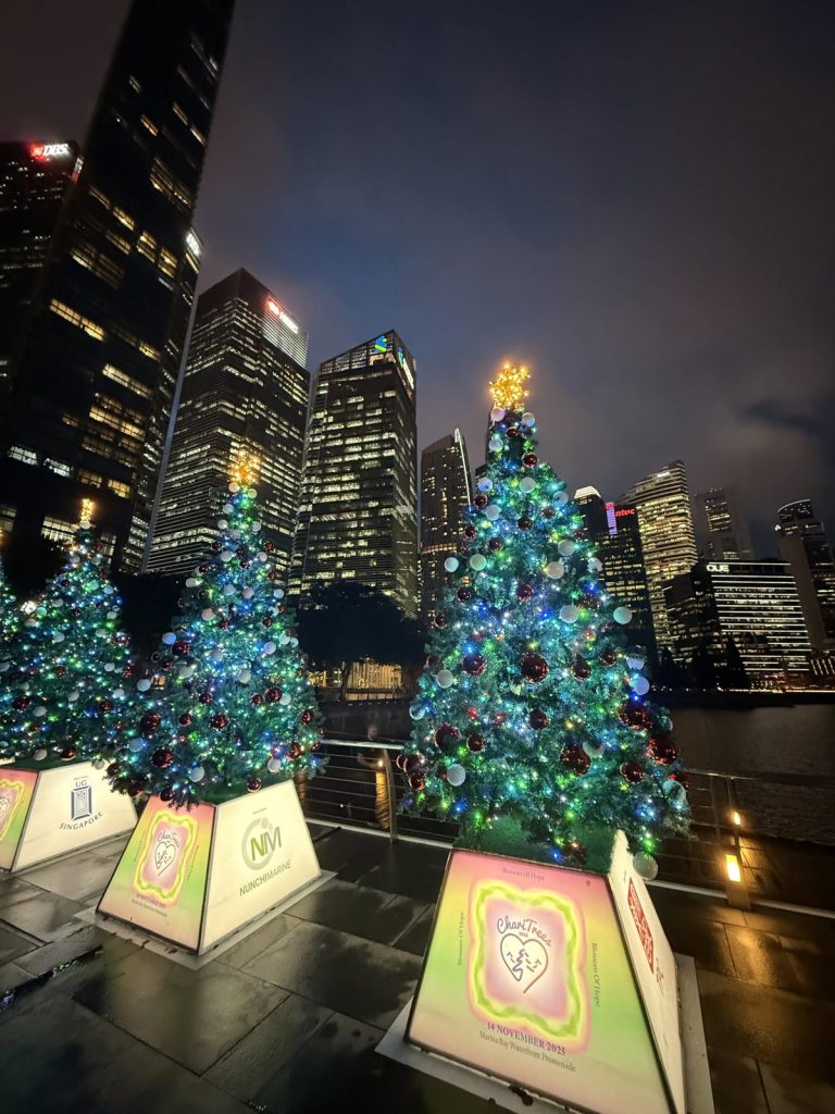 Beleuchtete Weihnachtsbäume vor Hochhäusern in Singapur bei Nacht