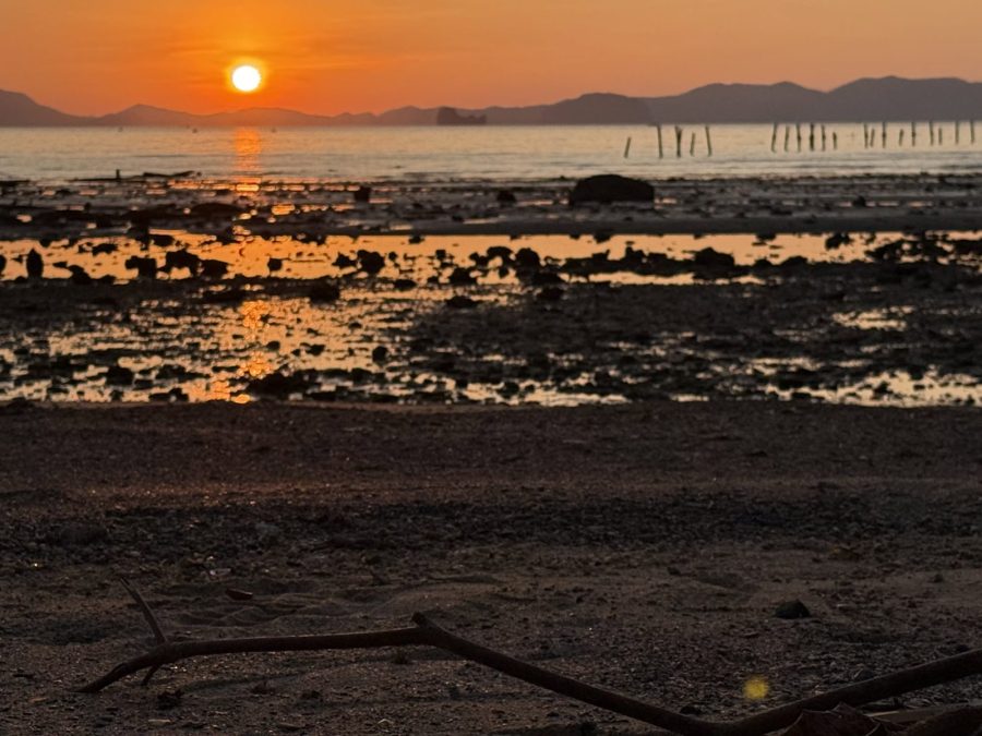 Sonnenuntergang über dem Meer bei Ebbe in Ao Nang