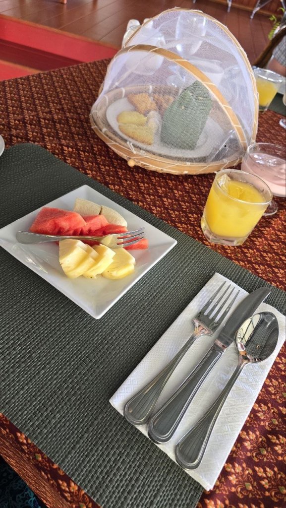 Gedeckter Tisch mit Obstteller, Orangensaft und Schutzhaube gegen Fliegen