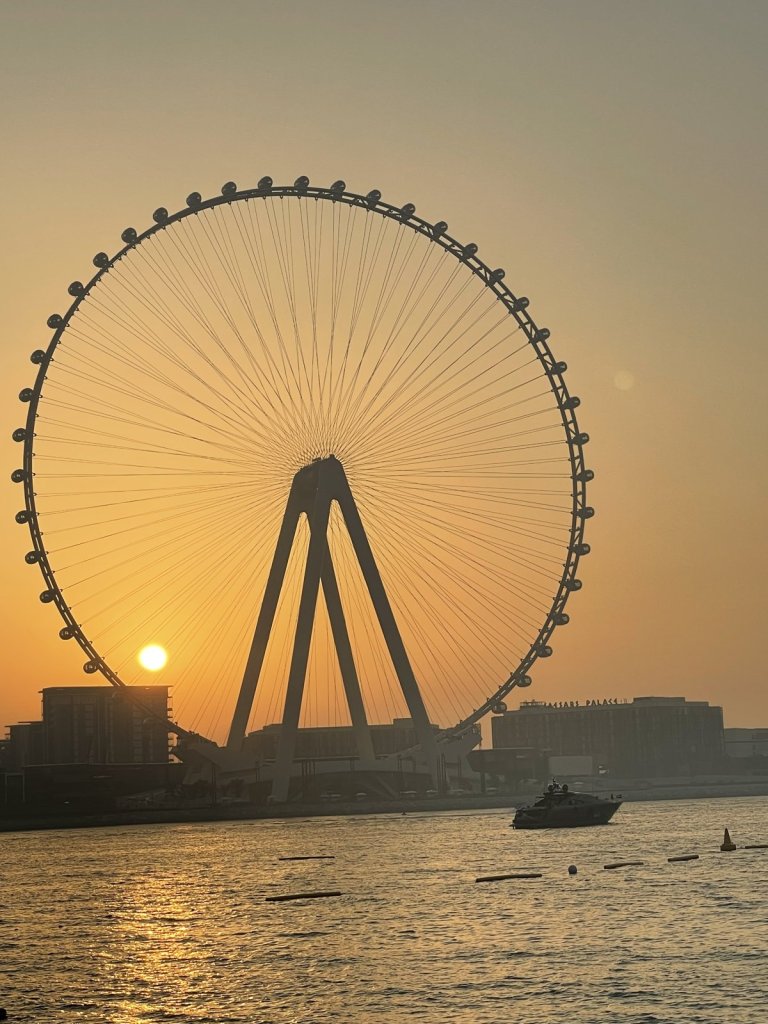 Riesenrad Ain Dubai als Silhouette vor der untergehenden Sonne