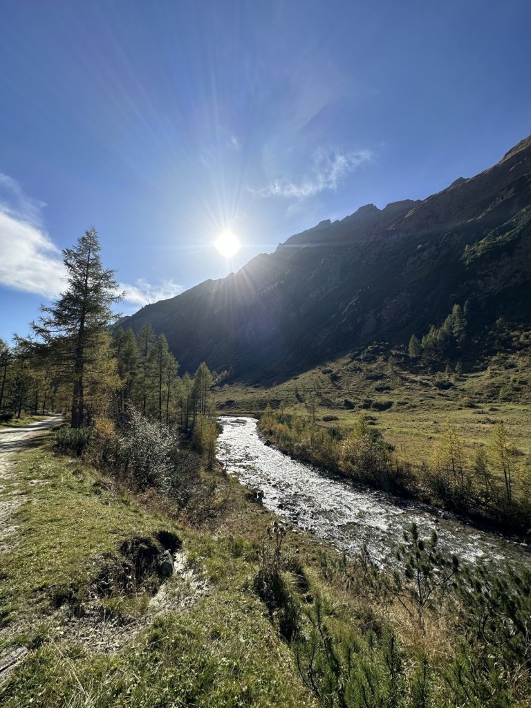 Sonne über einem Gebirgstal mit Bach und herbstlichen Lärchen