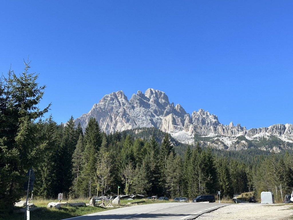 Gezackte Dolomitengipfel über Nadelwald