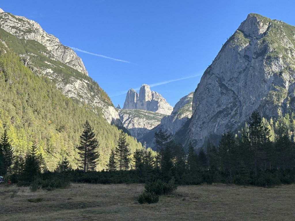 Gipfel der Dolomiten hinter einem Waldtal bei Toblach
