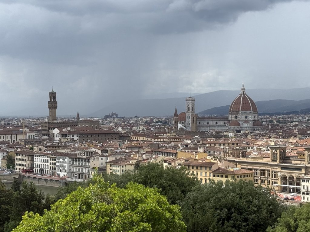 Blick über Florenz mit Dom und Palazzo Vecchio unter dunklen Regenwolken