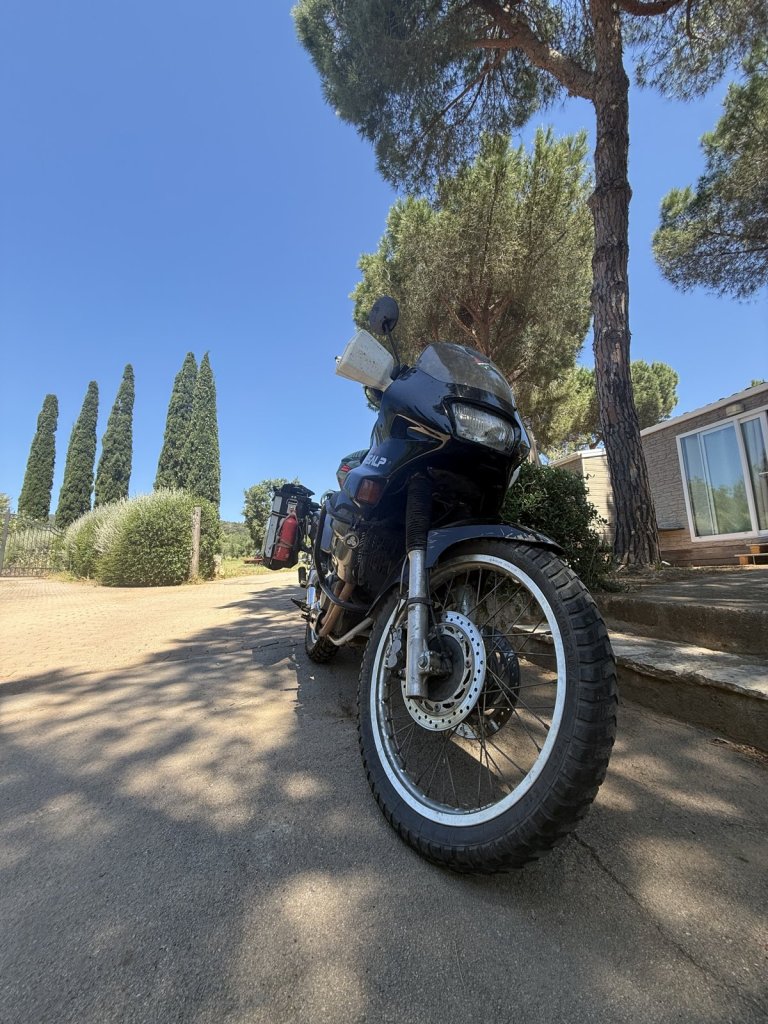 Honda Transalp unter Pinien und Zypressen an einem Feldweg in der Toskana