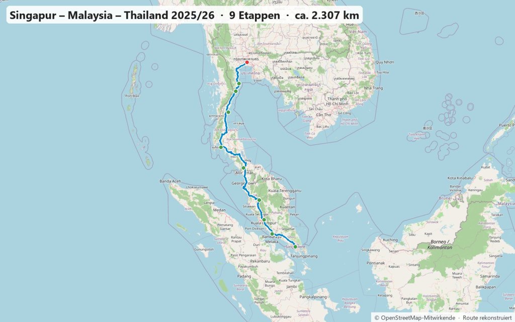 Karte der gefahrenen Route: Singapur – Malaysia – Thailand