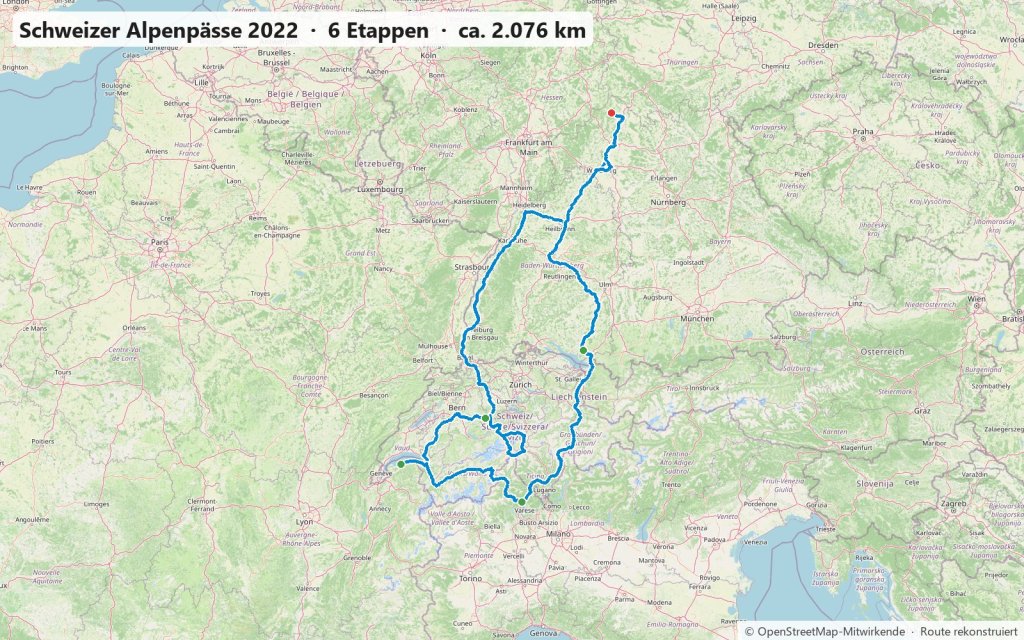 Karte der Motorradtour im Juli 2022 durch die Schweiz mit Susten, Gotthard, Nufenen und Grimsel, Genfersee, Simplon, Lago Maggiore und Rheinschlucht