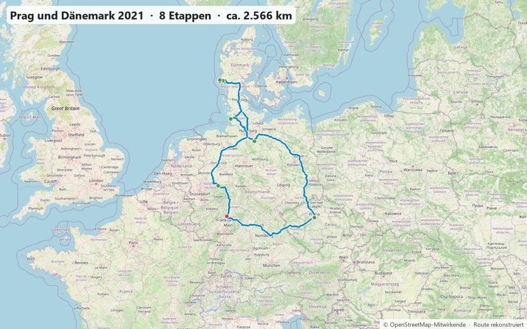 Karte der Autoreise im Juni und Juli 2021 von Frankfurt nach Prag und weiter an die dänische Nordseeküste