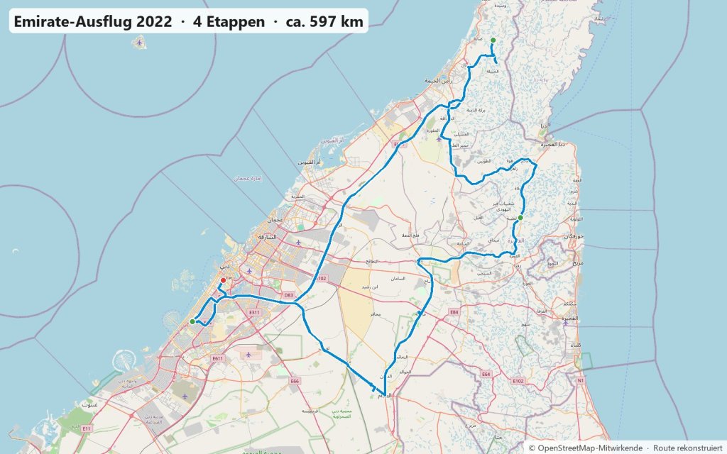 Karte des Ausflugs von Dubai über Al Madam, Al Dhaid und Masafi nach Ras al-Khaimah und auf den Jebel Jais