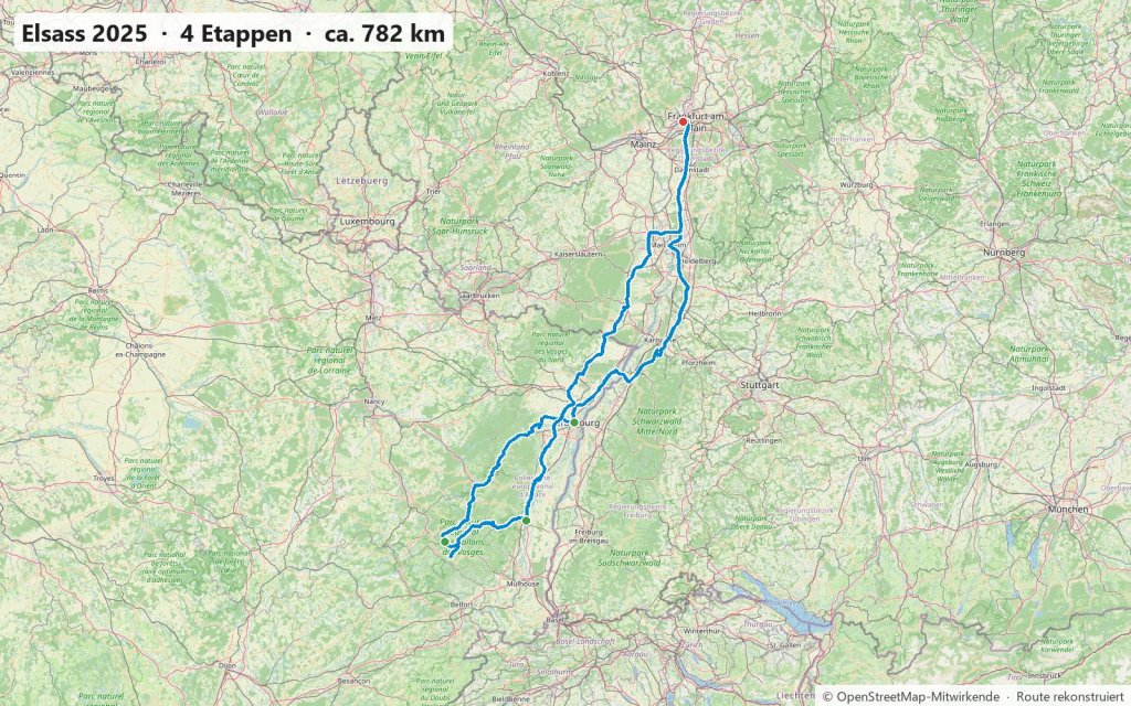 Karte der Motorradtour 2025 von Frankfurt nach Straßburg, über die Vogesen nach Colmar und zurück
