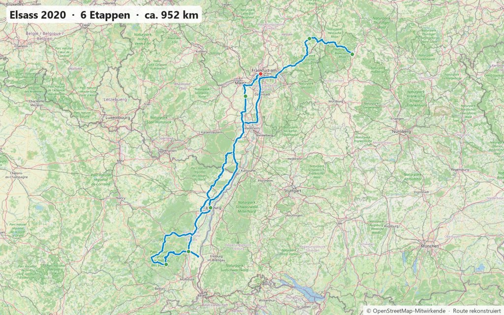 Karte der Motorradtour im Juni 2020 von der Rhön über die Pfalz ins Elsass nach Colmar, Vogesen und Straßburg