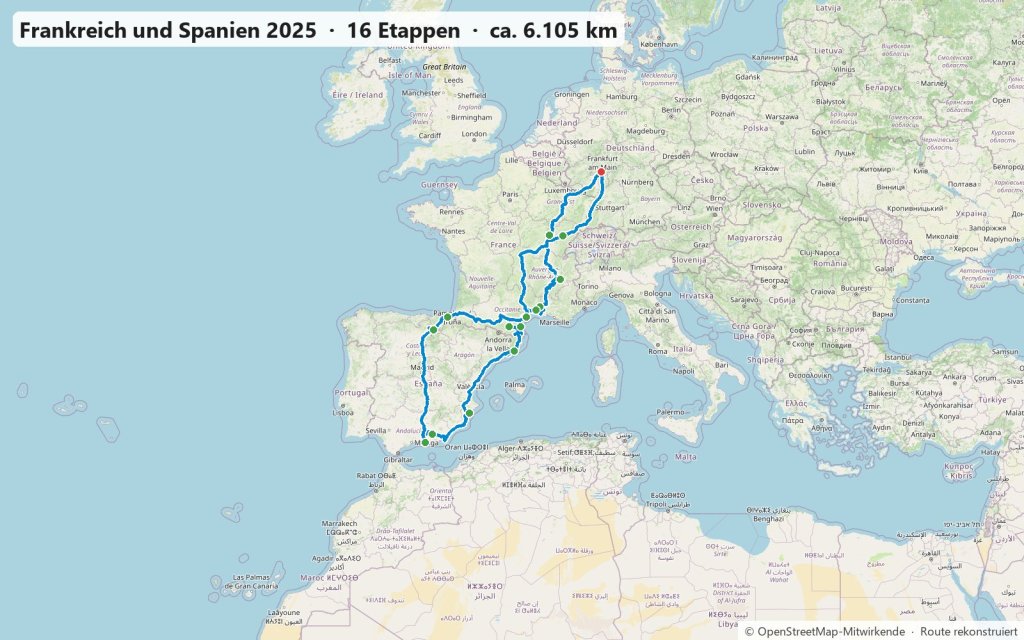 Karte der Autoreise im April und Mai 2025 von Frankfurt durch Frankreich, Spanien bis Andalusien und über das Baskenland zurück