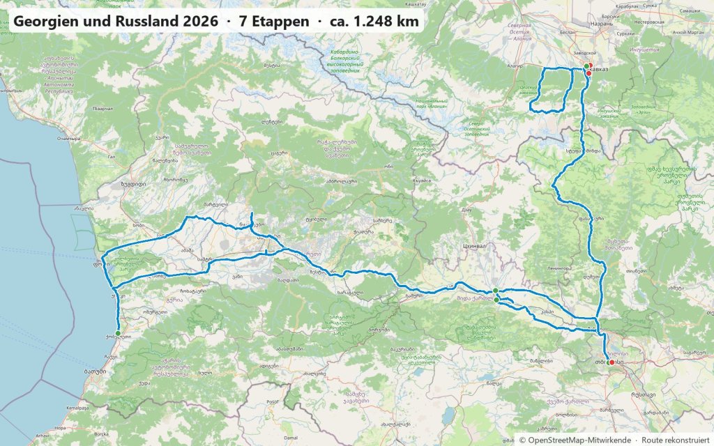 Karte der Reise 2026 durch Georgien mit Abstecher nach Nordossetien in Russland