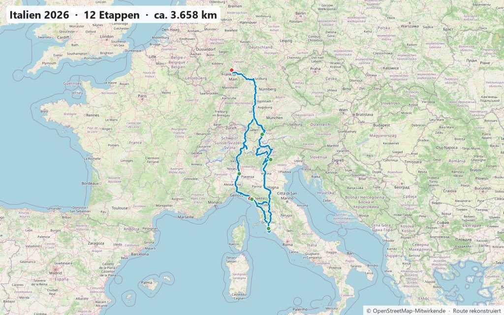 Karte der Italienreise im Mai 2026 von Frankfurt nach Ligurien, in die Toskana, zum Gardasee, Stilfser Joch und Reschensee