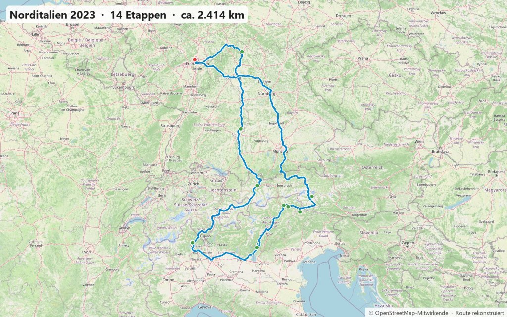 Karte der Wanderreise im Herbst 2023 von Frankfurt über Imst, Lago Maggiore, Gardasee und Südtirol bis Kals am Großglockner und zurück