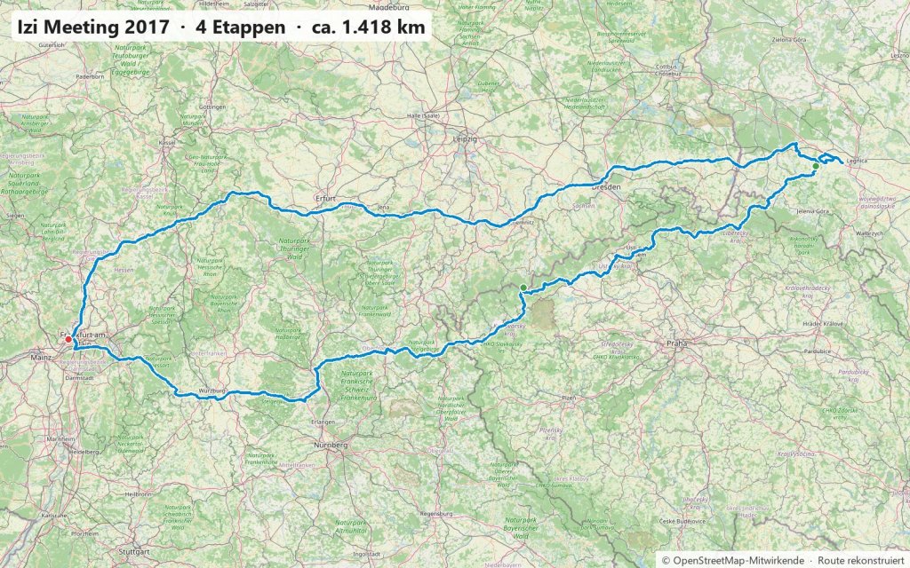 Karte der Motorradfahrt im Mai 2017 vom Rhein-Main-Gebiet über das Erzgebirge und Nordböhmen zum Schloss Grodziec in Niederschlesien und zurück
