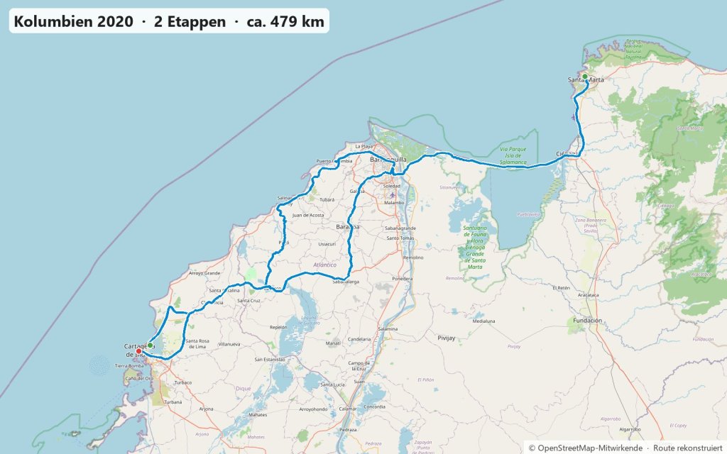 Karte der gefahrenen Route: Kolumbien 2020