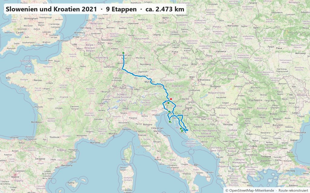 Karte der Reise im August und September 2021 von Frankfurt über Slowenien und Kroatien nach Istrien und Triest