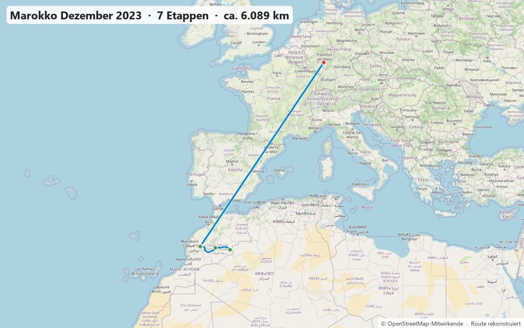 Karte der Reise im Dezember 2023 von Marrakesch über den Hohen Atlas und das Dadès-Tal zum Erg Chebbi und zurück nach Marrakesch
