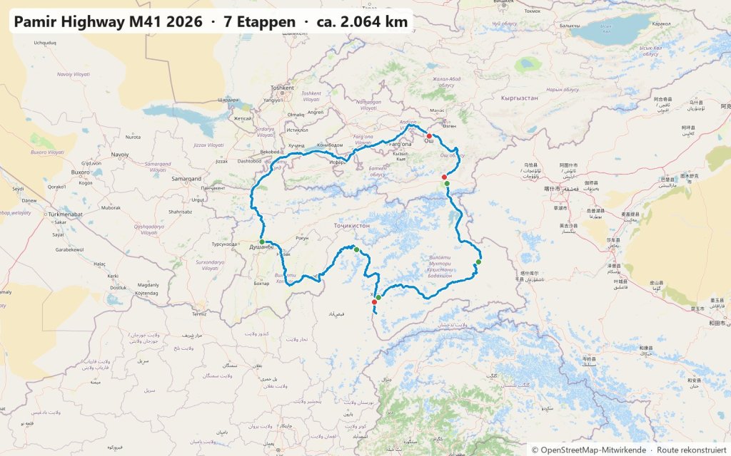 Karte der gefahrenen Route: Pamir Highway M41