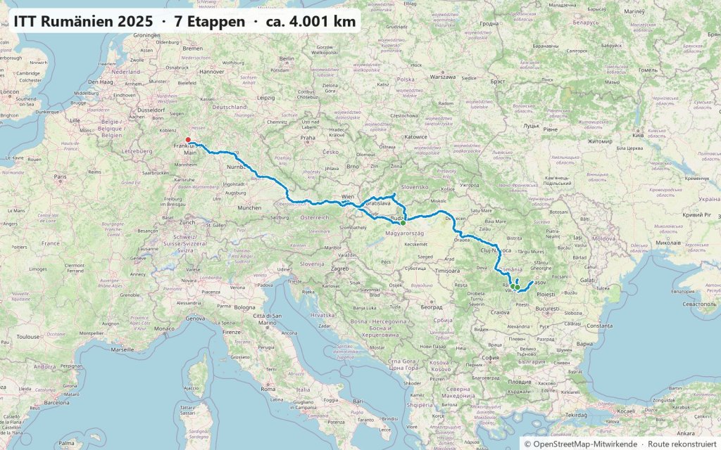Karte der Reise zum ITT Rumänien im Juni 2025 von Frankfurt über Budapest nach Rumänien in die Südkarpaten und zurück