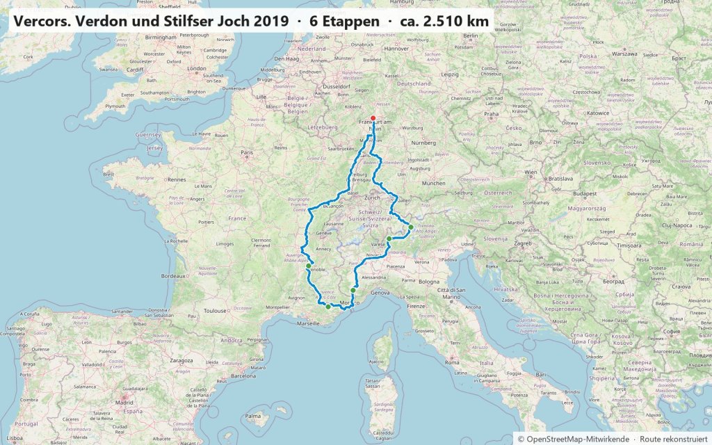 Karte der Motorradtour im September 2019 vom Vercors über die Gorges du Verdon und Monaco zum Comer See und zum Stilfser Joch