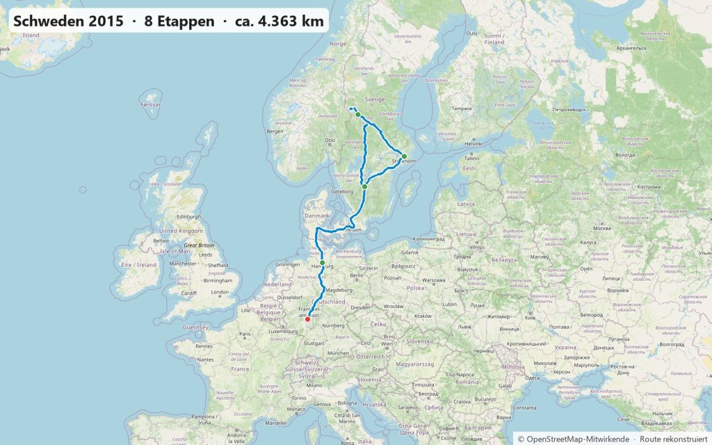 Karte der Schwedenreise 2015 von Frankfurt über Dänemark nach Dalarna und Stockholm
