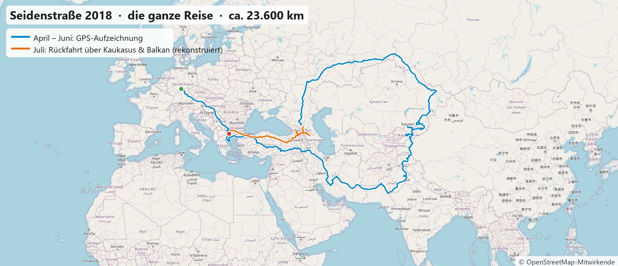 Karte der gesamten Seidenstraße-Reise 2018