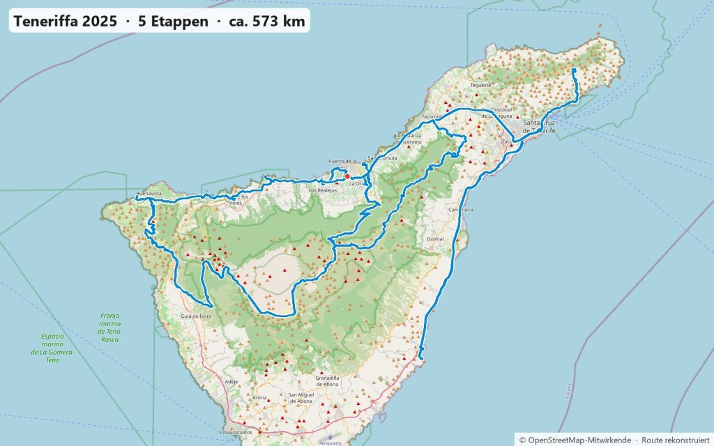 Karte der Ausflüge 2025 auf Teneriffa von Puerto de la Cruz an die Küsten, ins Anaga- und Teno-Gebirge und zum Teide