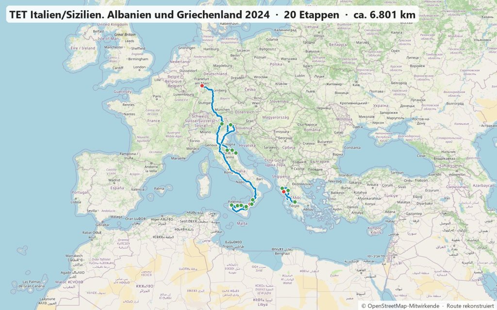 Karte der gefahrenen Route: TET Italien/Sizilien, Albanien und Griechenland 2024