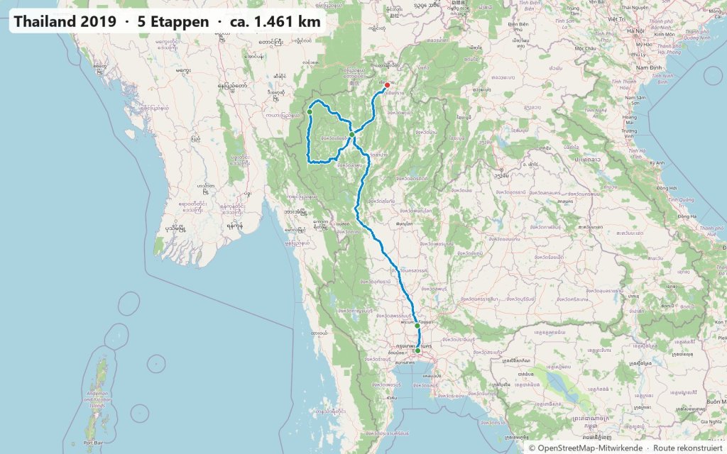 Karte der gefahrenen Route: Thailand 2019