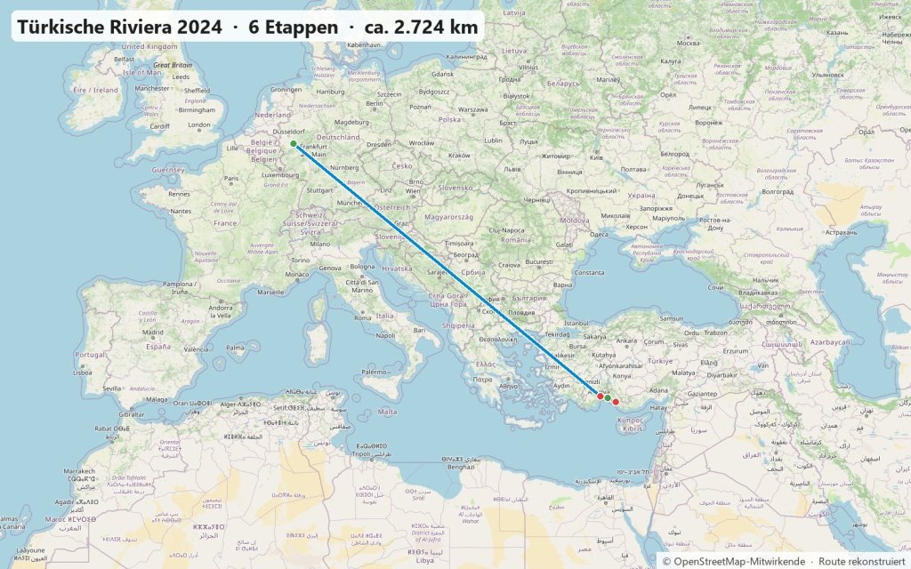 Karte des Urlaubs im September 2024 an der Türkischen Riviera von Antalya über Side und Manavgat nach Alanya