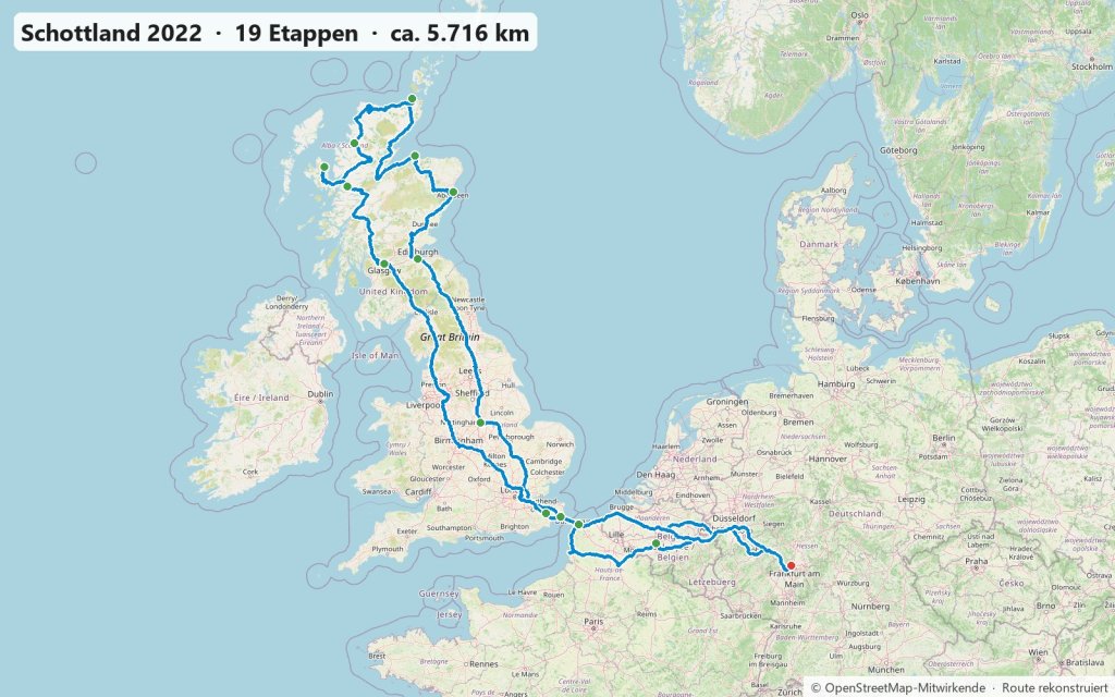 Karte der Schottland-Rundreise im August und September 2022 von Frankfurt über Calais, Edinburgh und den hohen Norden nach Skye, Glen Coe und Glasgow