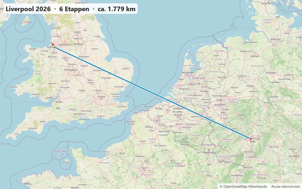 Karte des Städtetrips im April 2026 von Frankfurt nach Liverpool mit Altstadt, Hafen, Kathedrale und Anfield