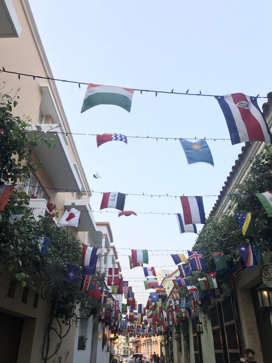Gasse mit bunten Länderfahnen über der Straße und begrünten Balkonen