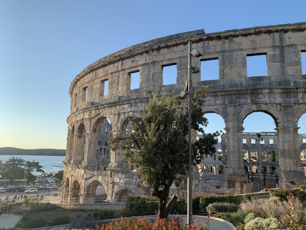 Römisches Amphitheater von Pula im Abendlicht mit Olivenbaum