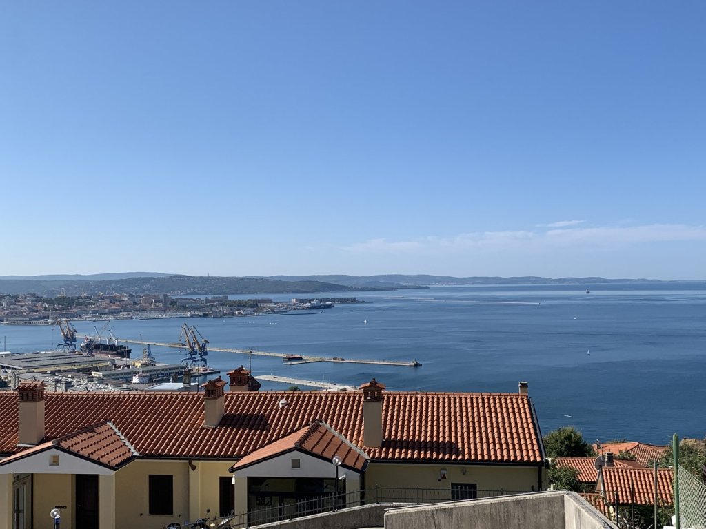 Blick auf Hafen und rote Dächer von Triest