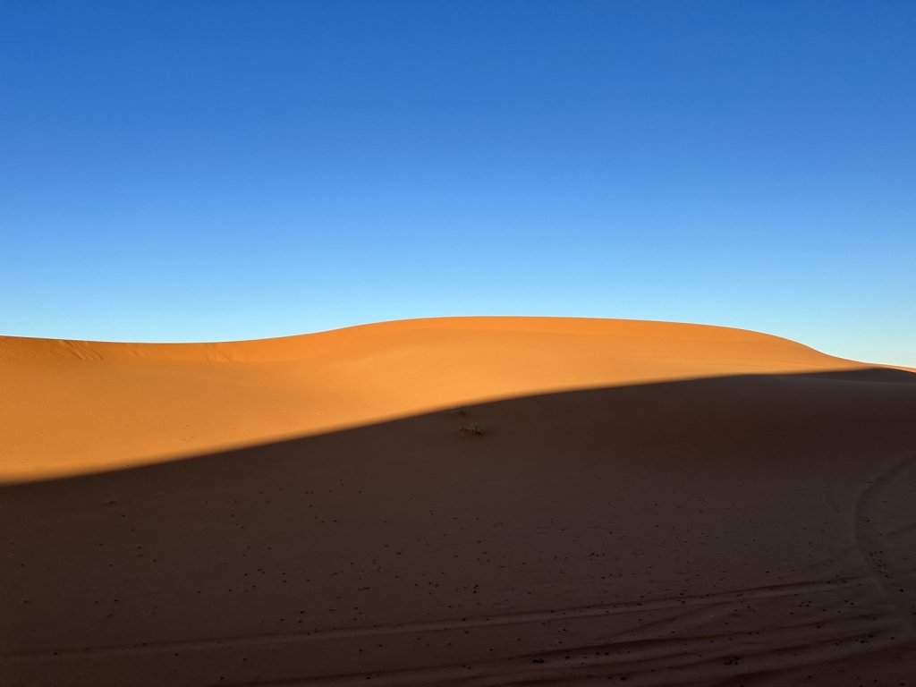 Orange Sanddüne im Abendlicht unter blauem Himmel