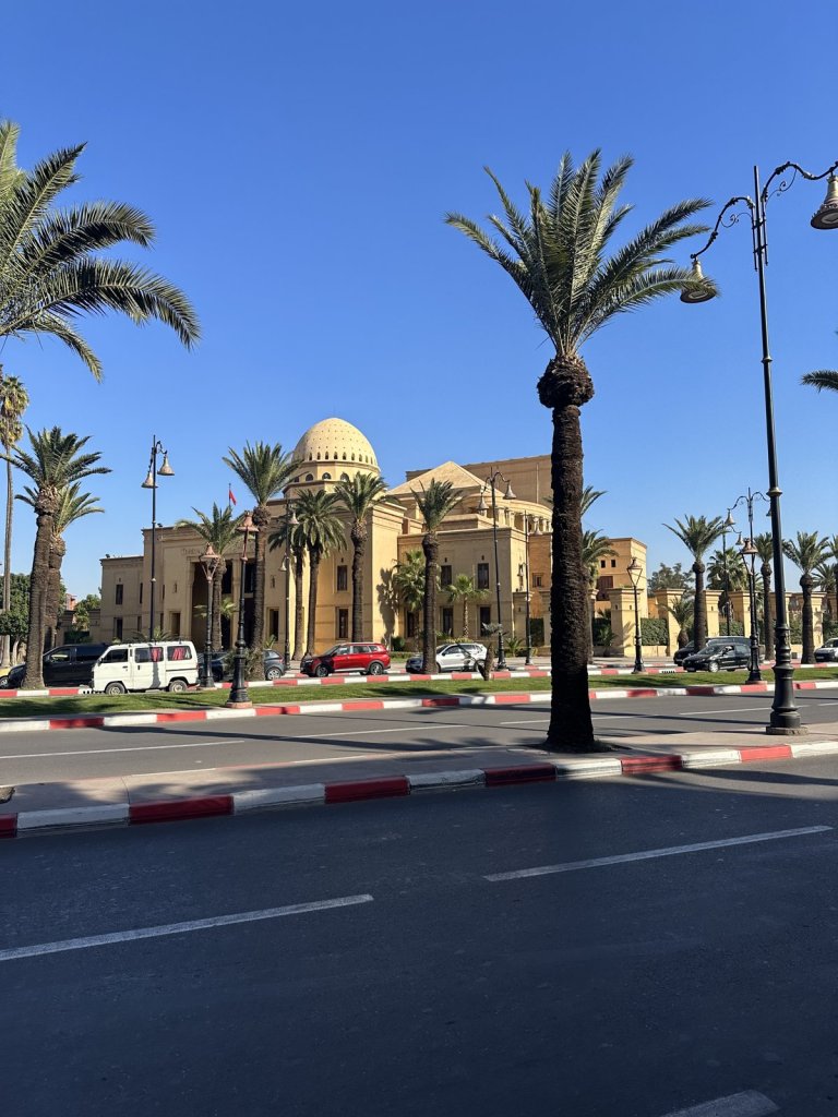 Straße mit Palmen und einem Gebäude mit Kuppel in Marrakesch