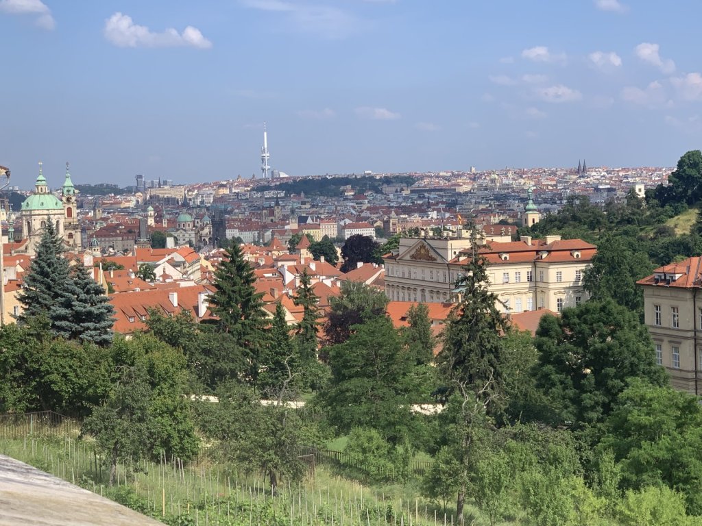 Blick vom Petřín über die roten Dächer von Prag