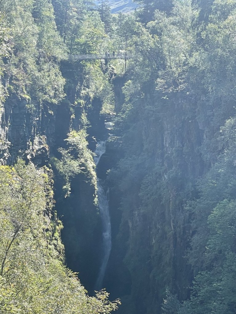 Tiefe bewaldete Schlucht mit Wasserfall