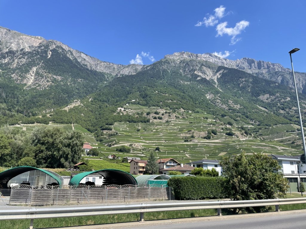 Weinterrassen und Berge im Rhonetal im Wallis