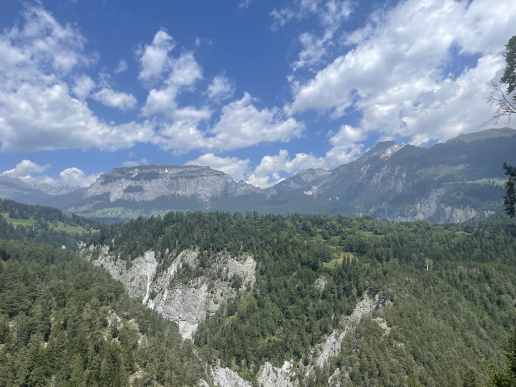Bewaldete Schlucht und Gebirgszug darüber unter Wolken