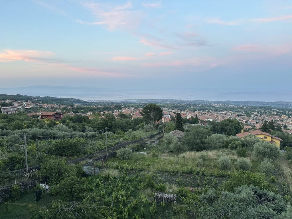 Blick vom Ätna über grüne Hänge bis zum Meer
